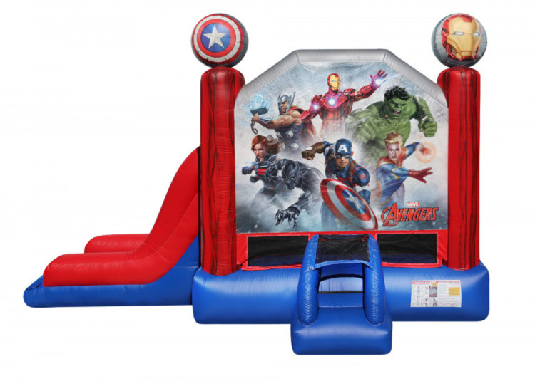 Avengers Combo Jeu Gonflable Avengers Combo 5‑en‑1 avec toboggan, mur d’escalade, panier de basket et graphisme Marvel.