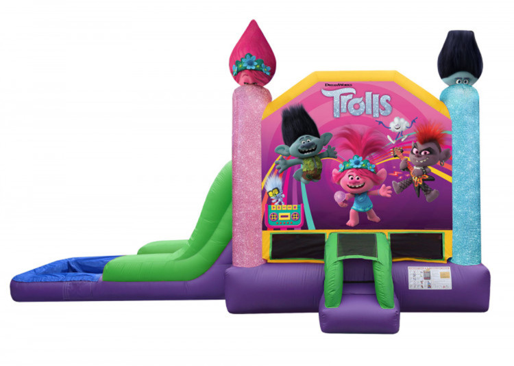 Trolls Combo Module gonflable Trolls Combo avec visuels colorés, zone de saut, glissade et escalade.