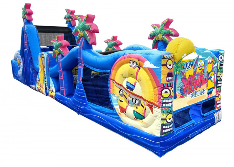 Course des Minions Parcours gonflable Minions avec obstacles et décor festif pour événements et fêtes au Québec.