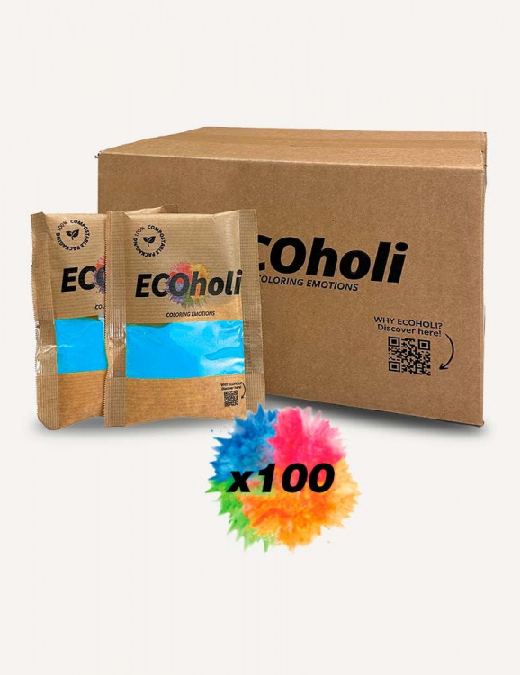 Holi BLUE powder - Box of 100 ECO bags of 75g - Proludik Quebec EN