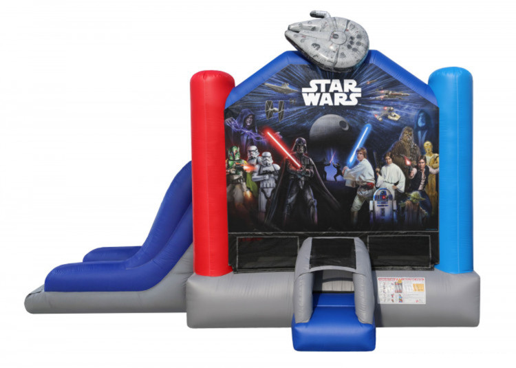 STAR WARS Combo Module gonflable Star Wars Combo avec visuels de personnages, zone de saut, toboggan et mur d’escalade.