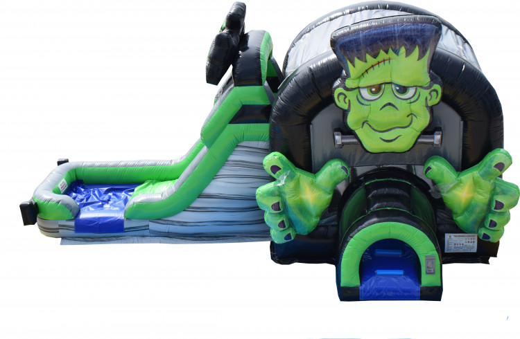 Frankenstein Combo Module gonflable Frankenstein Combo avec décor monstrueux zone de saut escalade toboggan.