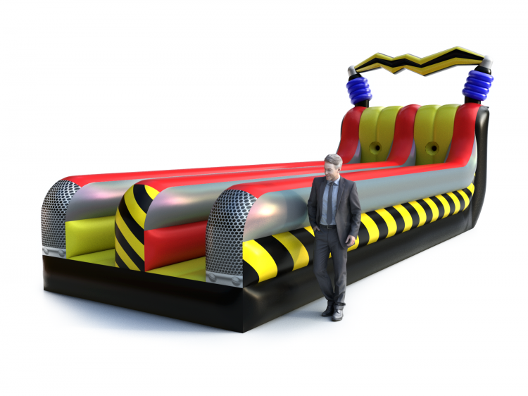 Course Bungee gonflable avec deux couloirs et design jaune rouge et noir