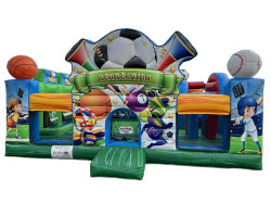 Jeu gonflable Récréation pour enfants décor sportif avec ballons et obstacles colorés