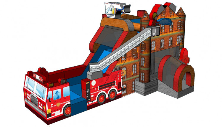 Module gonflable Pompier Challenge avec visuel de camion de pompiers, zone de saut et glissade.