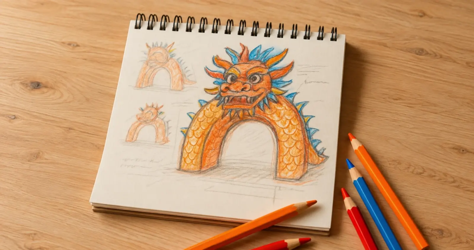 Croquis d'une arche gonflable en forme de dragon, point de départ d'un projet sur mesure